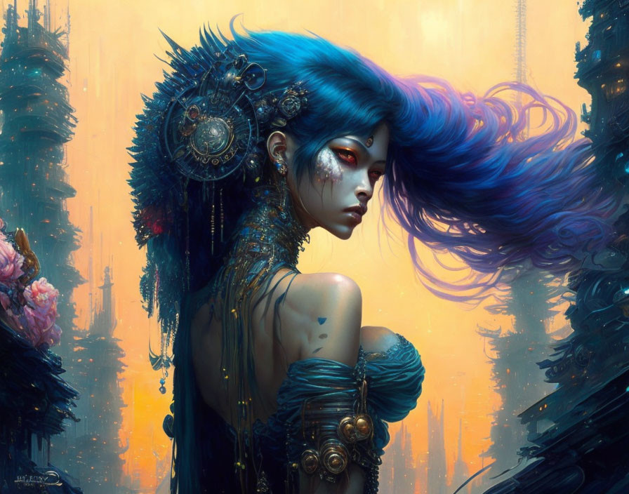 Fantastical image: Woman with blue hair and ornate headdress in steampunk cityscape