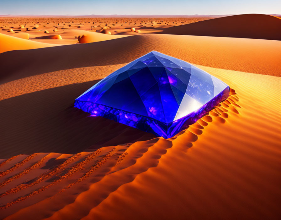 Blue crystal structure on sand dunes under golden desert sunset