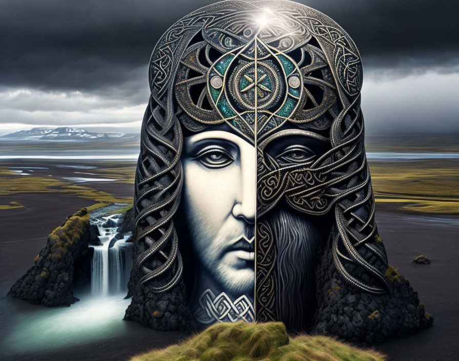 Mystical artwork: Bearded man's face merges with Celtic helmet in Icelandic landscape