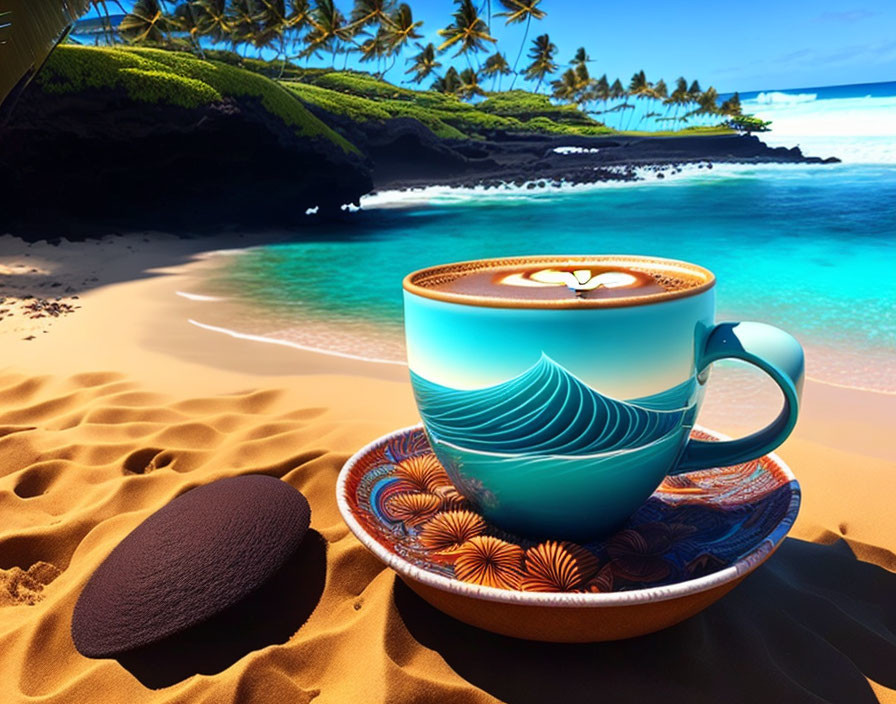 Digitally altered blue coffee cup on sandy beach with wave design and tropical scenery.