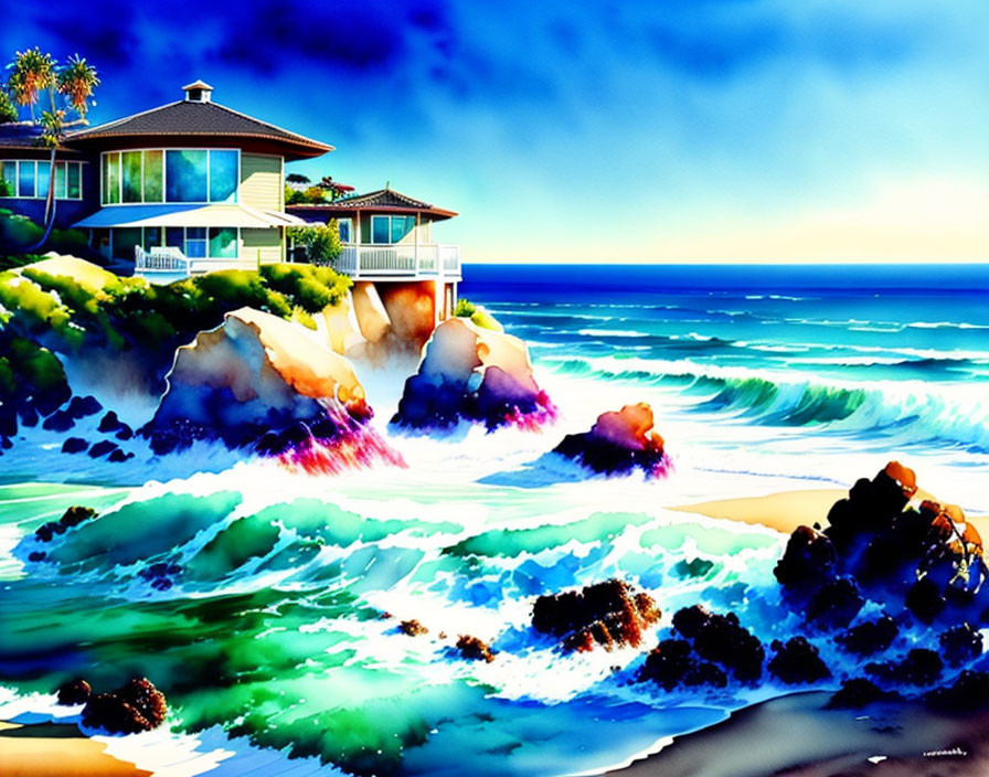 Scenic coastal house painting with crashing waves and blue ocean.