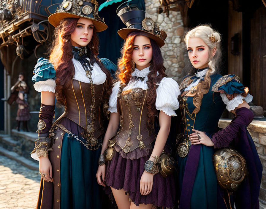 Three women in steampunk attire with corsets, hats, and goggles in rustic setting