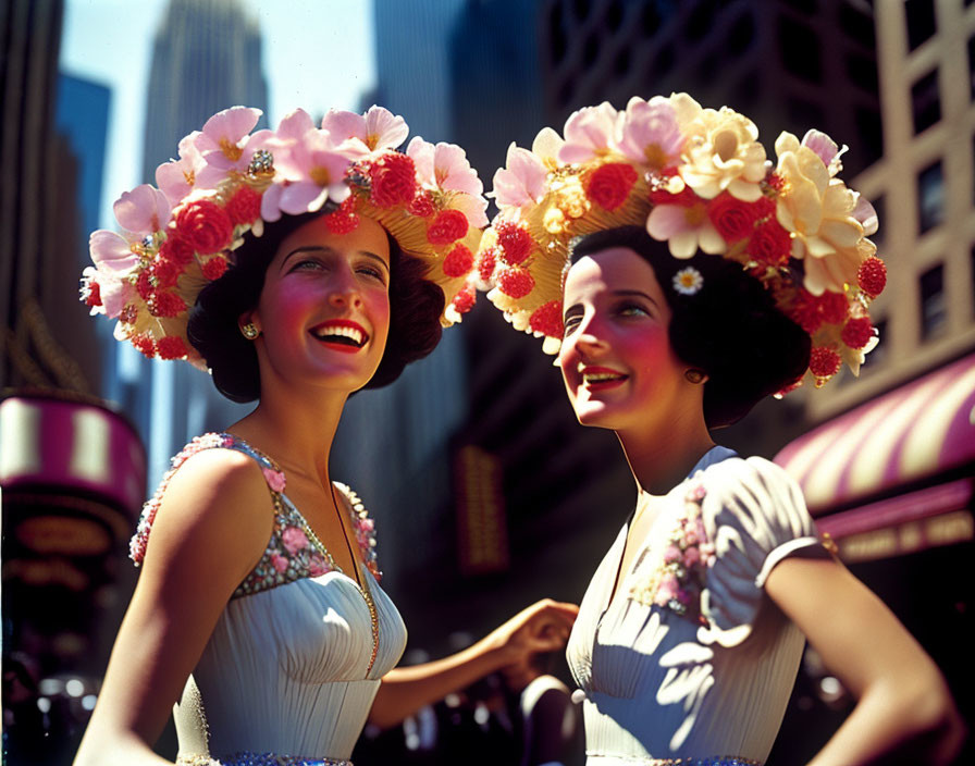 Two women in floral hats and vintage dresses on sunny city street