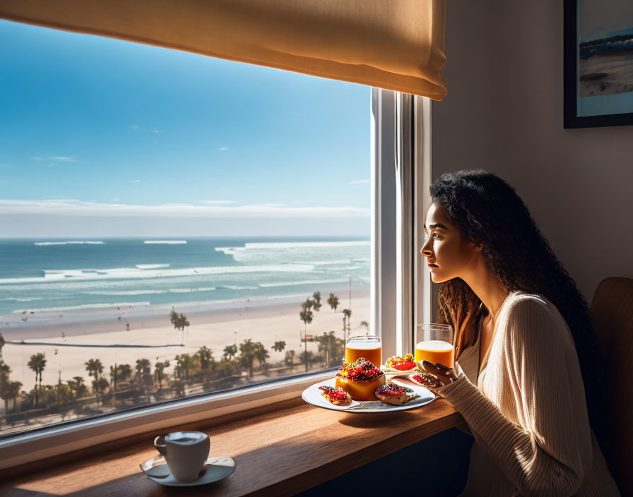 Woman looking out window at beach view with breakfast on sill