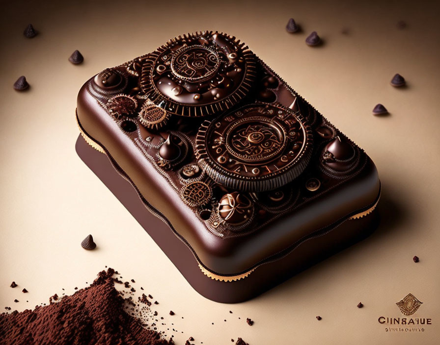 Luxurious Steampunk-Inspired Chocolate Bar with Ornate Edible Gears and Cocoa Powder