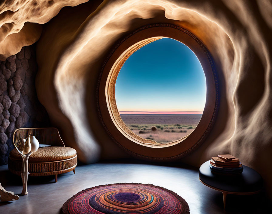 Modern interior with round window, desert view, stylish chair, rug, and side table in cave-like