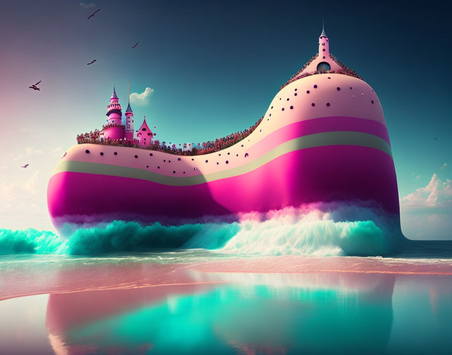 Whimsical giant floating whale-shaped island with magical castle and vibrant stripes