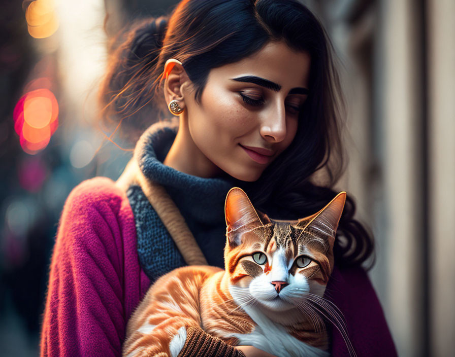 Dark-Haired Woman Holding Orange and White Cat Outdoors