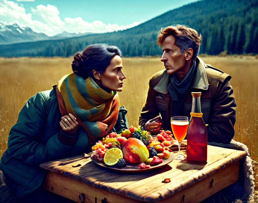 Scenic outdoor setting with two people, wooden table, fruit, and drinks