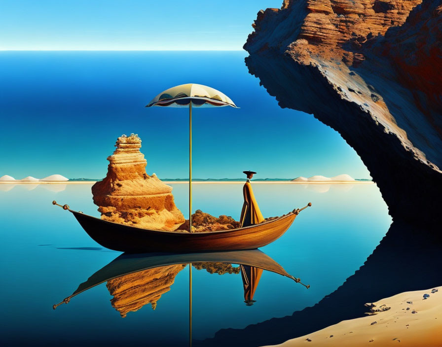 Tranquil boat scene with parasol, sandstone formation, blue sky, and rock cliffs.