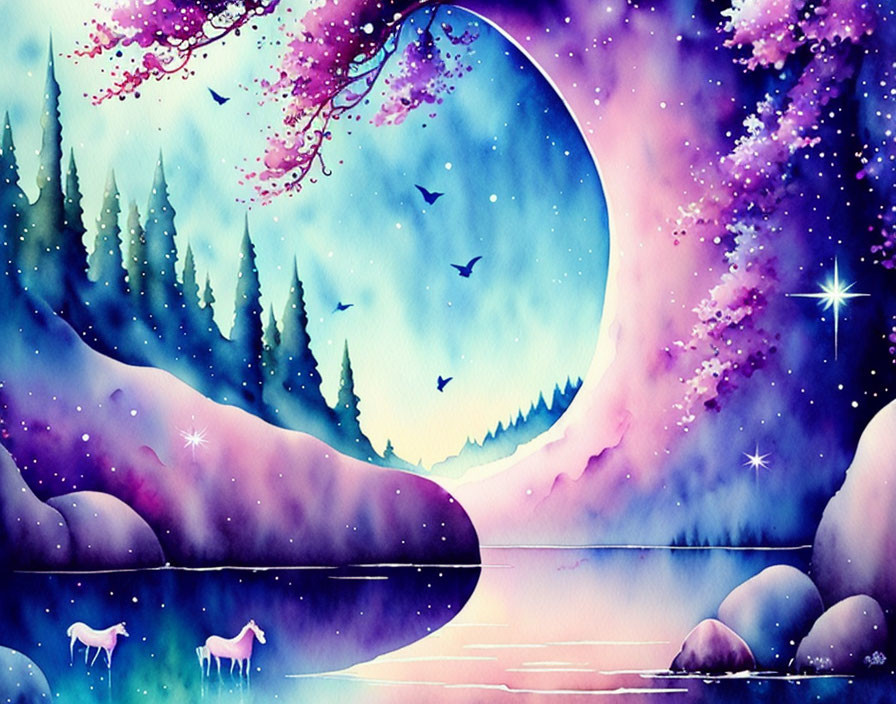 Vibrant purple and pink sky in whimsical watercolor scene