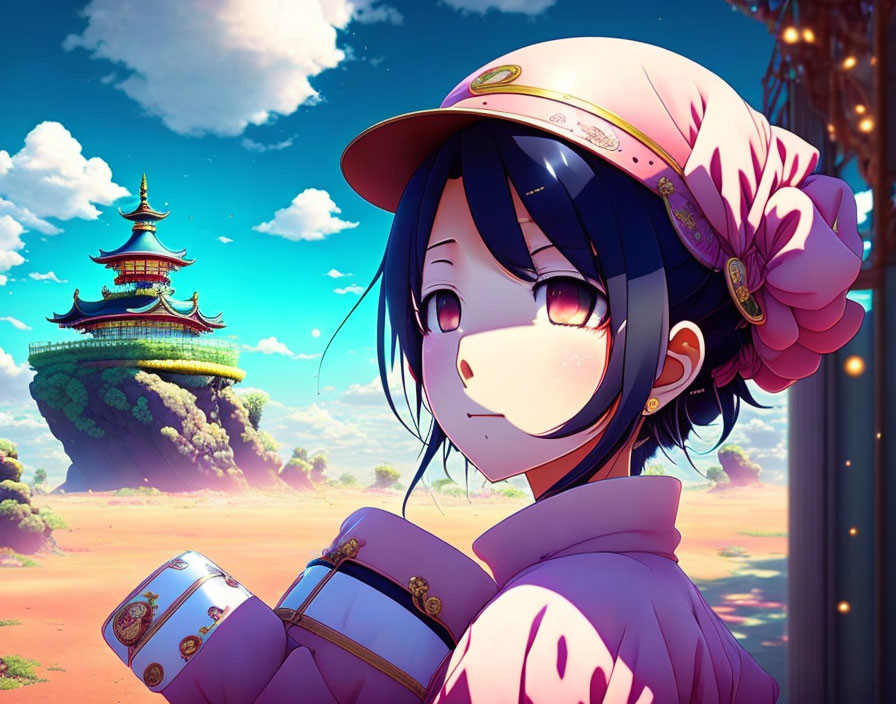 Purple-haired anime girl in cap and traditional attire holding a drum, with oriental palace and floating islands