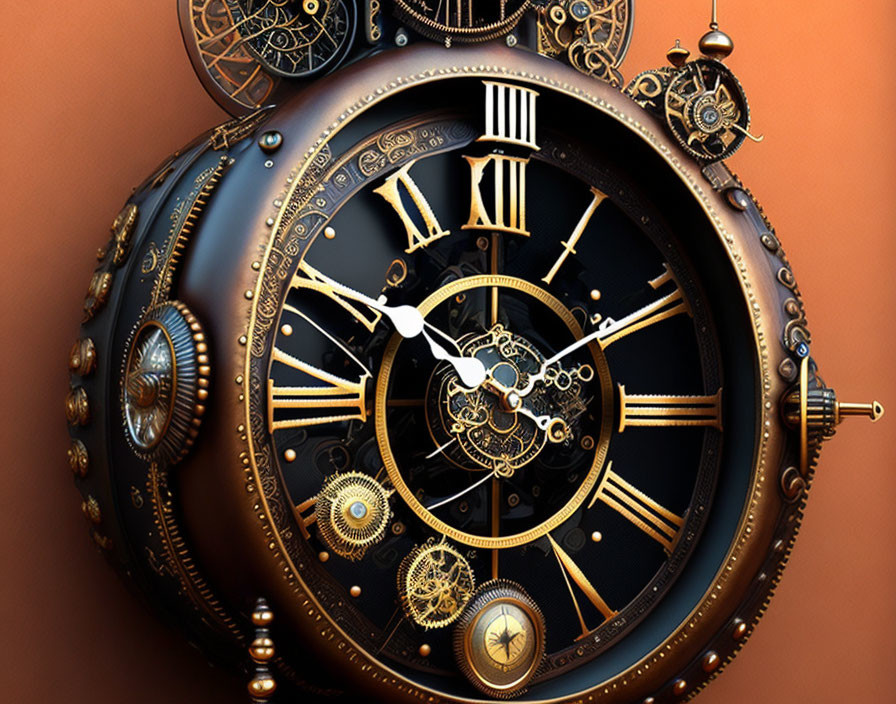 Intricate Steampunk-Style Clock with Roman Numerals and Gears