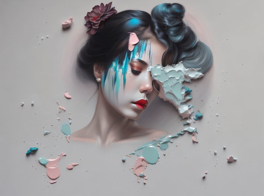 Fragmented face surreal portrait with pastel colors and floating petals.