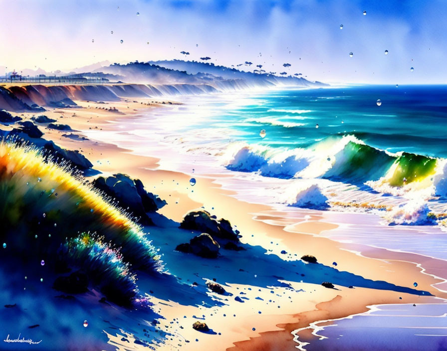 Colorful Beach Scene with Sparkling Waves and Birds in Sky