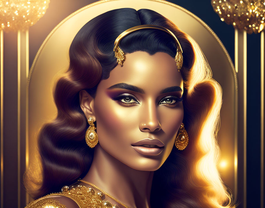 Elegant woman digital illustration with golden jewelry and makeup