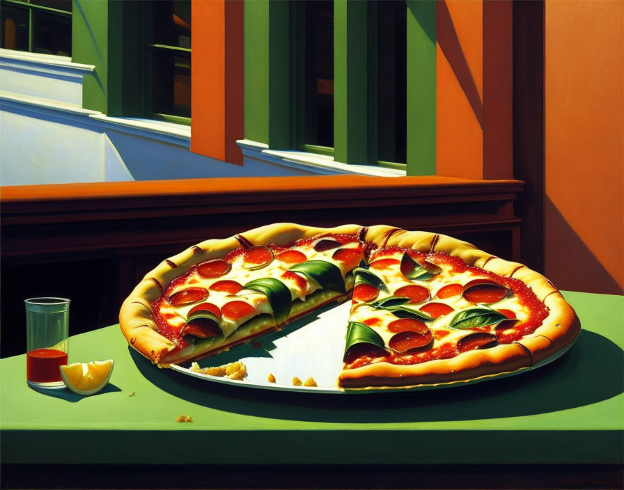 Realistic painting of pepperoni pizza slice with lime and water on colorful backdrop