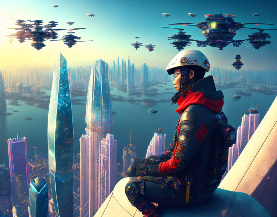 Person in helmet and jacket overlooking futuristic cityscape