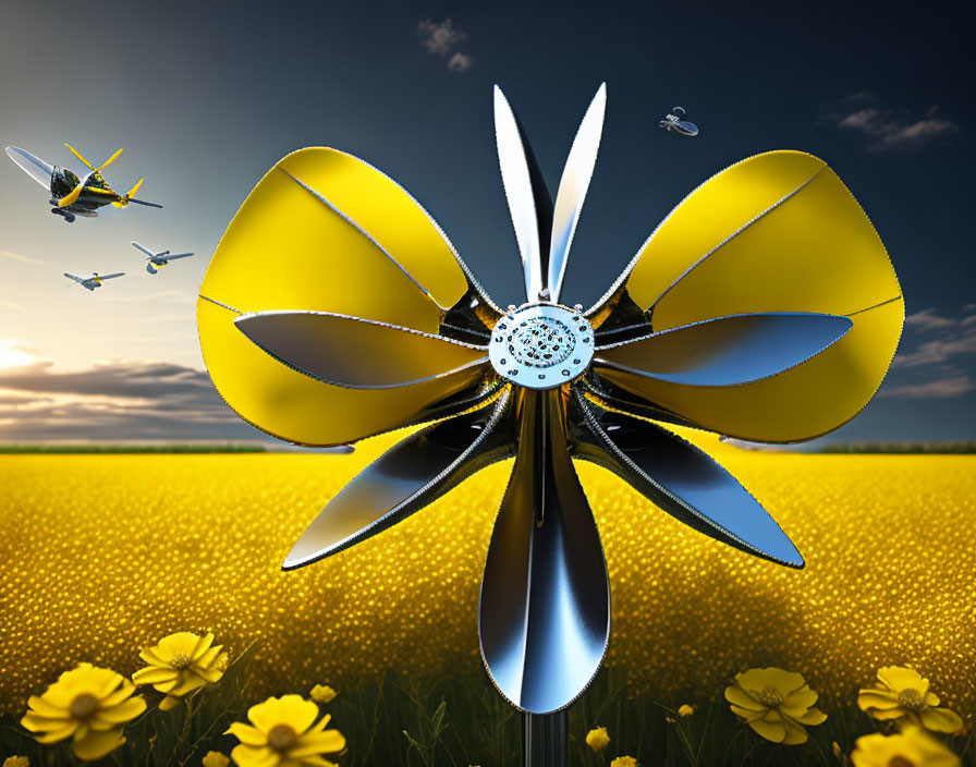 Shiny metallic pinwheel with yellow and silver petals in field with toy planes