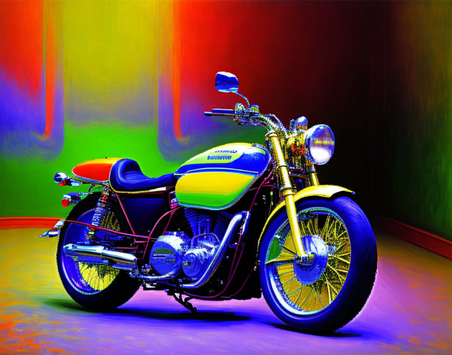 Colorful Motorcycle with Yellow Tank and Blue Seat on Abstract Background