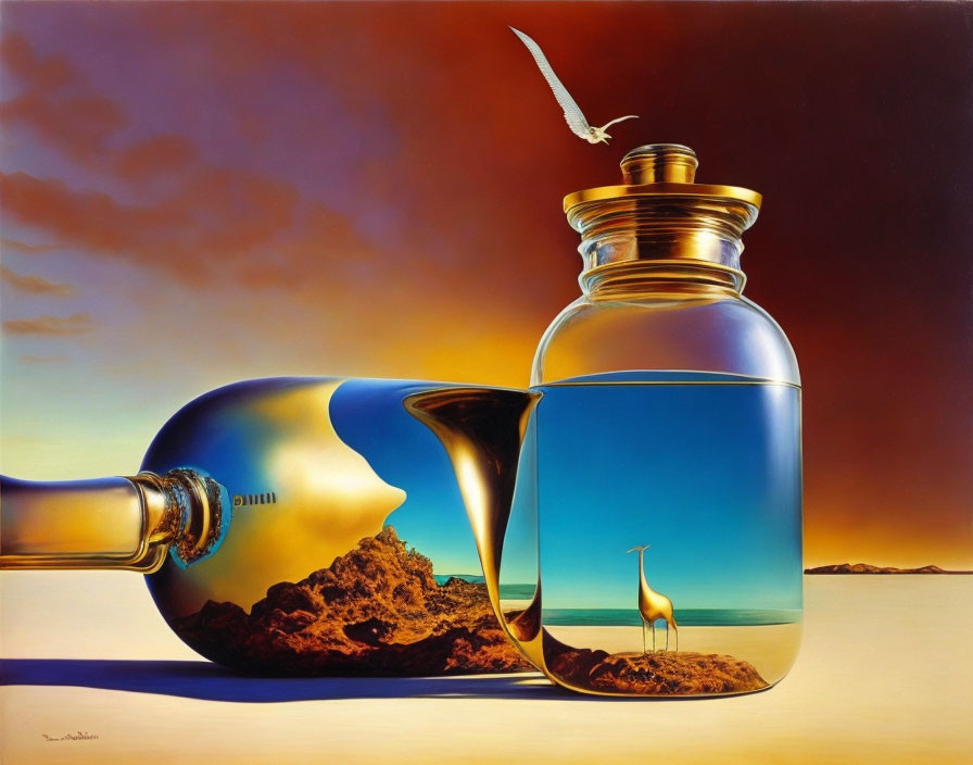 Surreal artwork: Giant glass bottles in desert with giraffe and bird