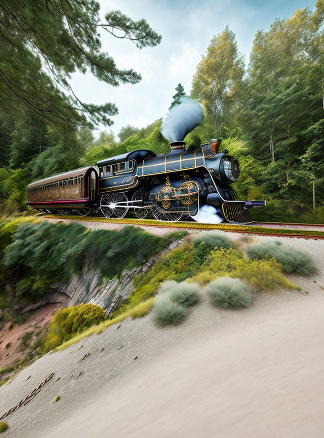 Vintage Black Steam Engine Pulling Red and Gold Passenger Cars Through Forest