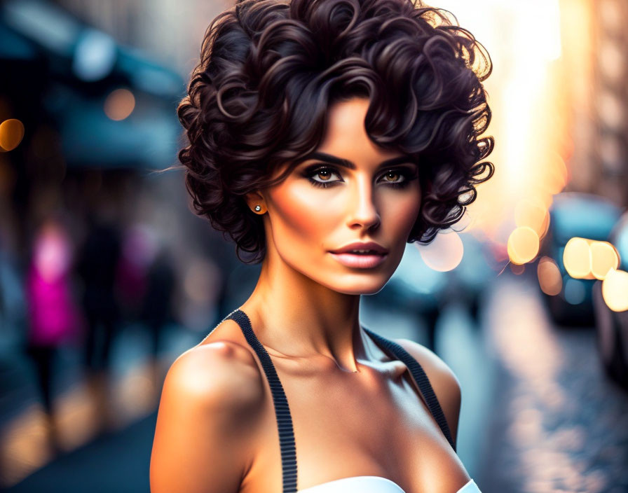 Digital Artwork: Woman with Curly Hair and Striking Makeup in City Street Pose