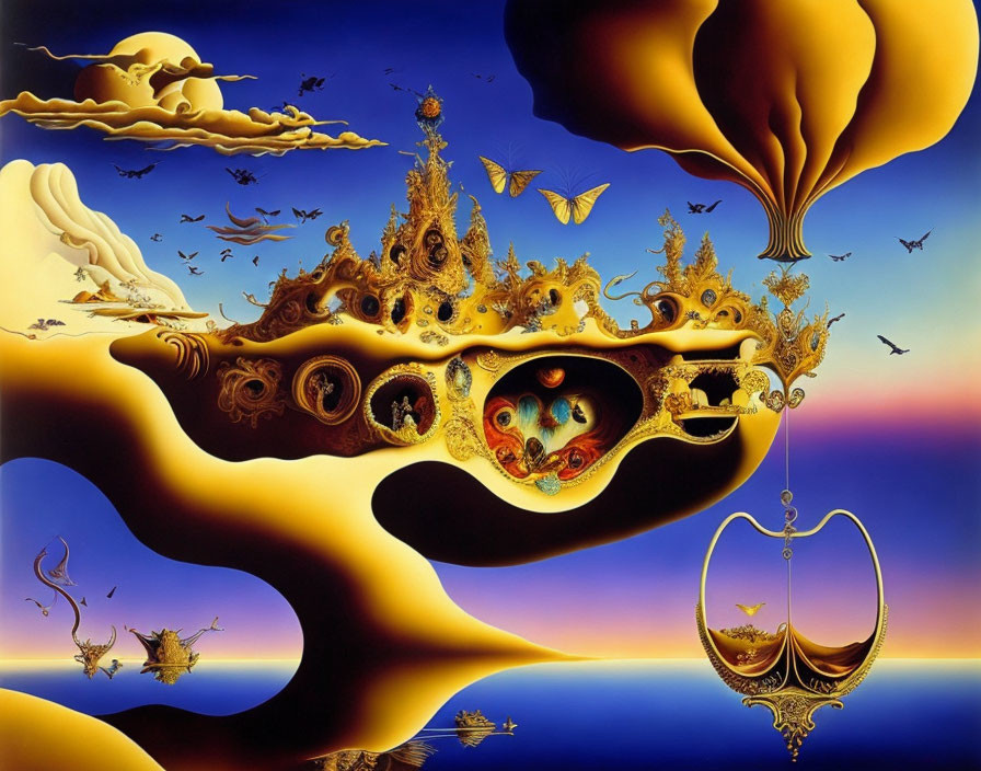 Surrealist painting: Floating islands, butterfly-winged creatures, intricate structures, and fluid forms