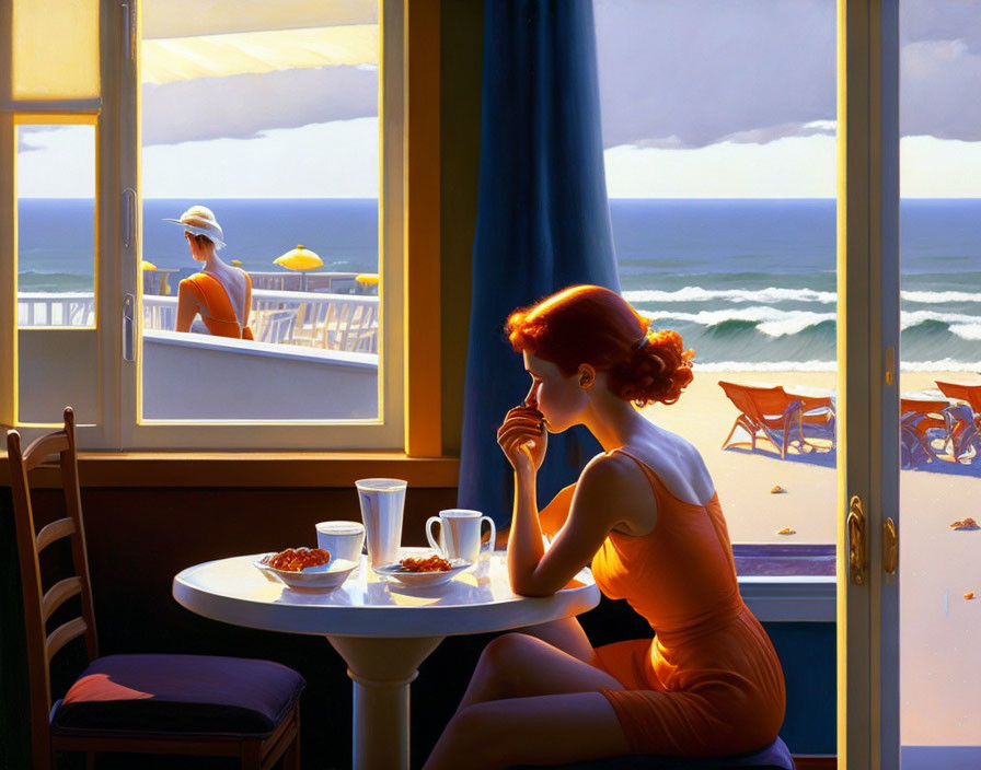 Woman at table by open window overlooking beach scene.