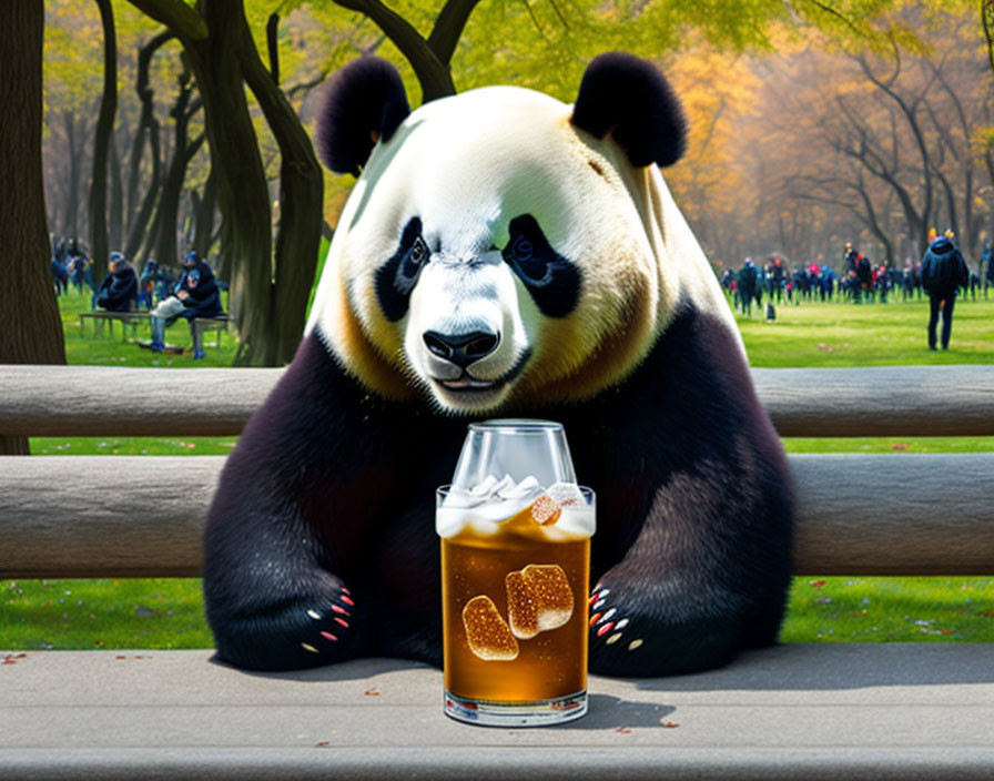 Giant panda with iced beverage at park bench surrounded by mini pandas and people