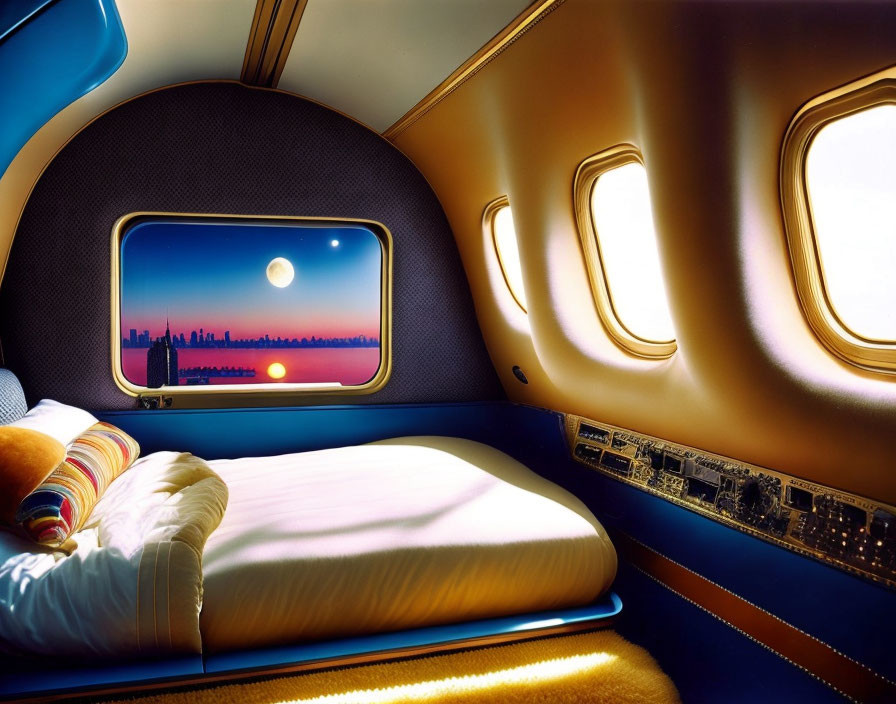 Spacious airplane cabin with comfortable bed and city skyline view.