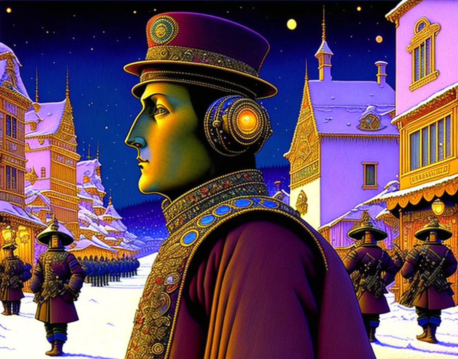 Colorful profile illustration of person with decorative hat and earphones in fantastical town square at night