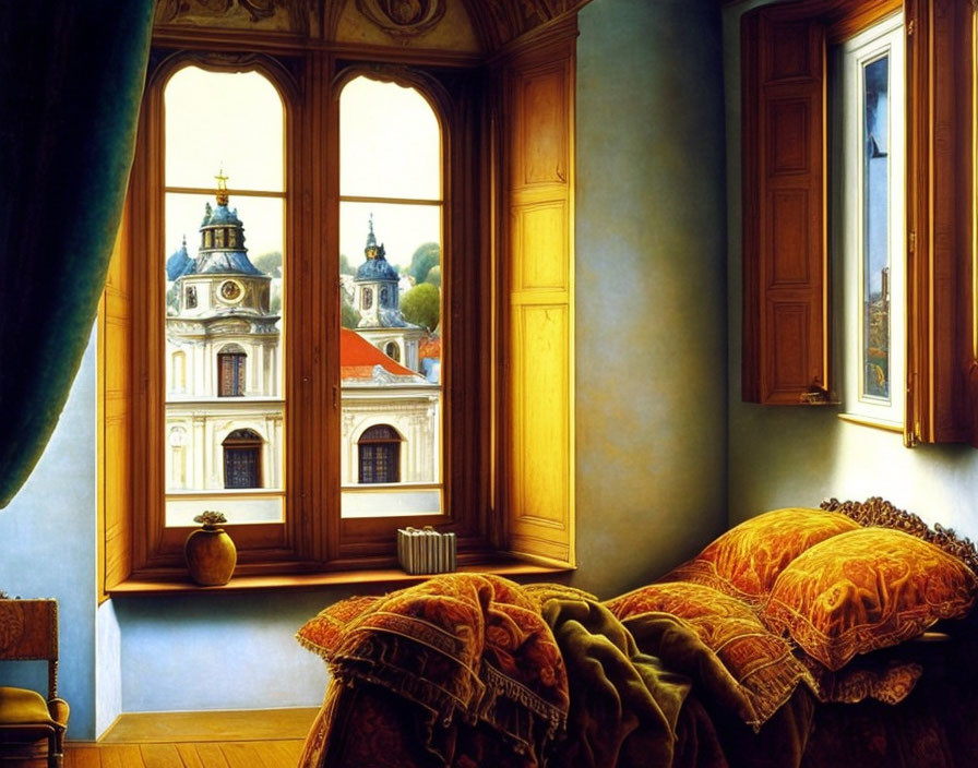 Cozy interior with view of baroque building through open window