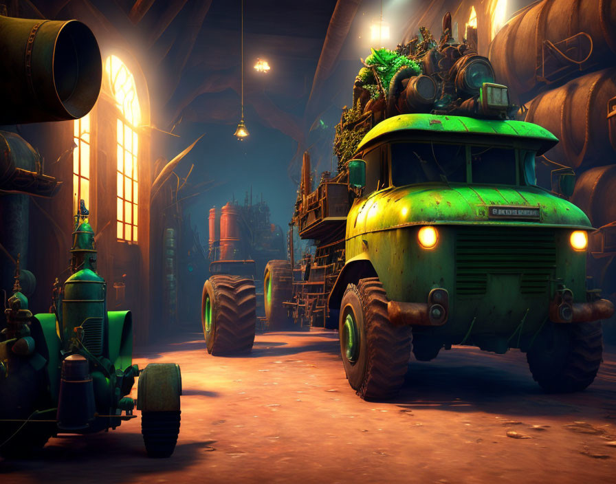 Colorful 3D illustration of whimsical workshop with green truck and robot