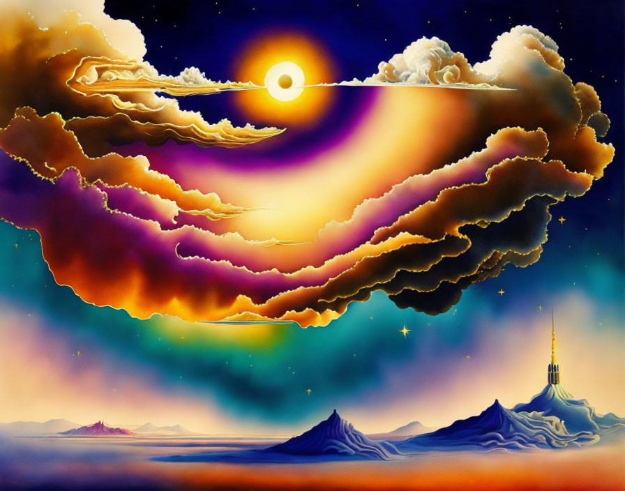 Colorful sunset painting with golden clouds, starry sky, mountains, and distant tower.