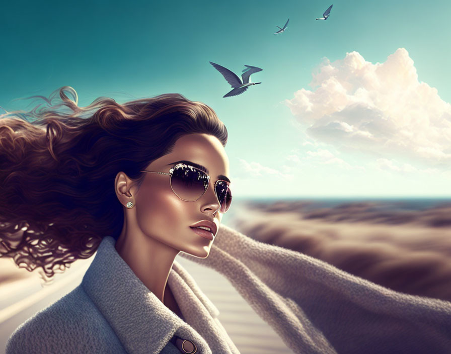 Woman with sunglasses and flowing hair on beach with birds and dunes under cloudy sky