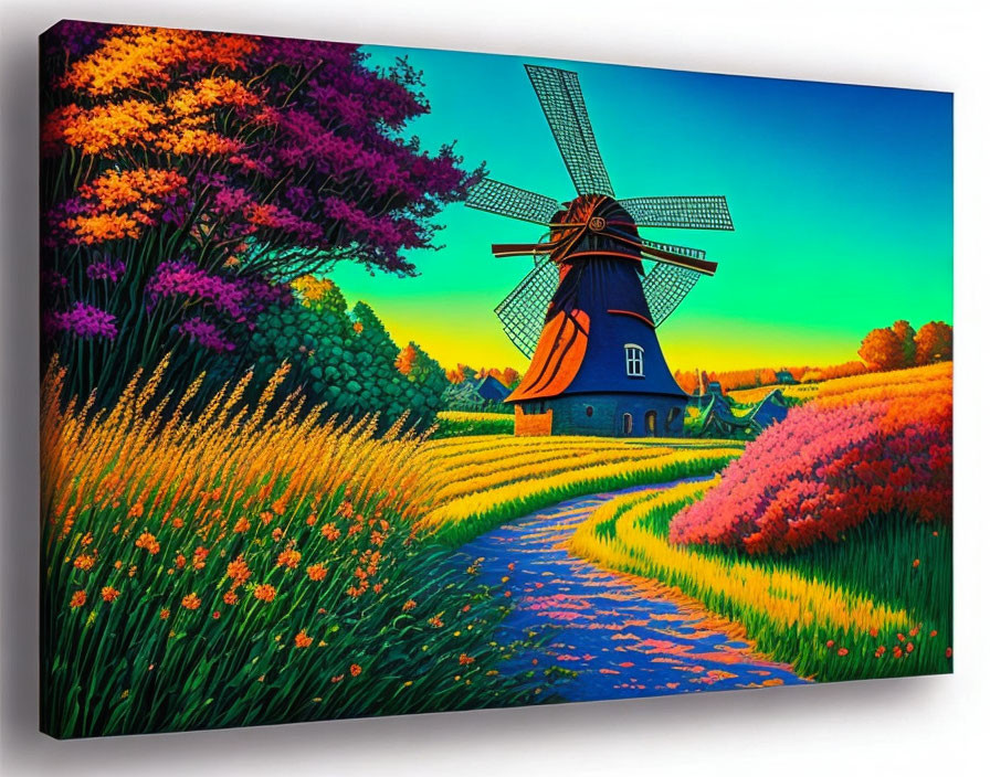 Colorful Traditional Windmill Painting in Vibrant Landscape