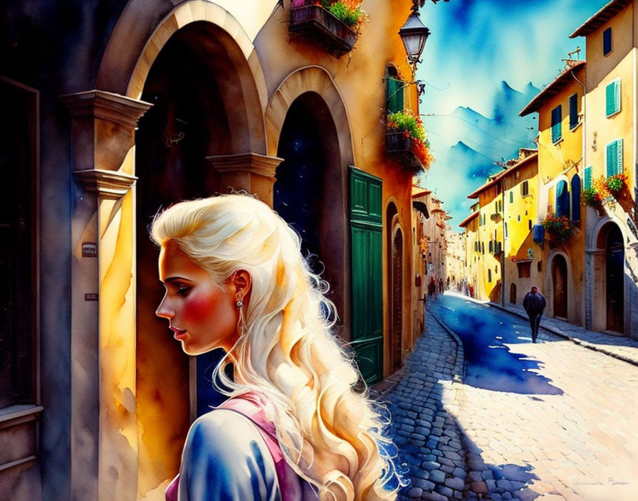 Blonde woman admires vibrant street scene on sunny day