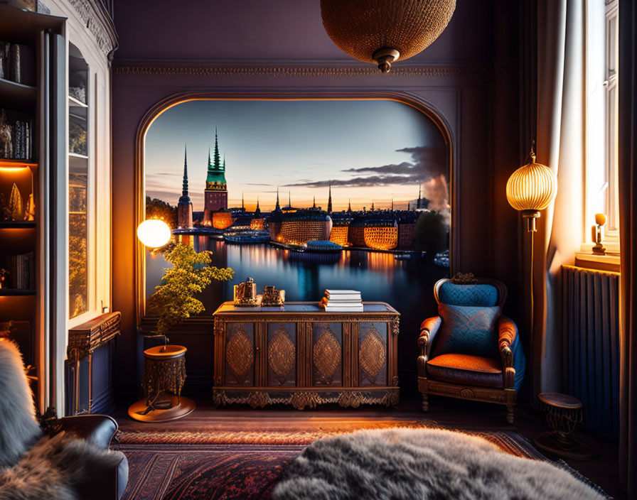 Vintage furniture in cozy room with sunset cityscape view