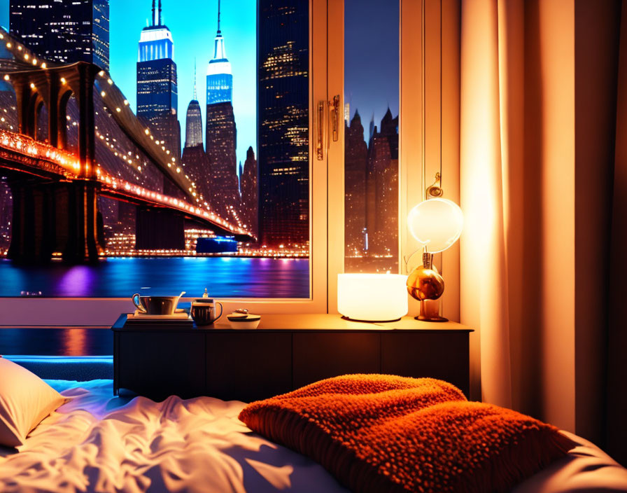 Nighttime bedroom with bridge view and warm lighting