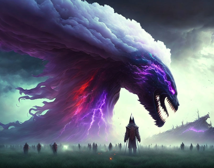 Dark fantasy beast with electric purple accents confronts small figures and warrior under stormy skies