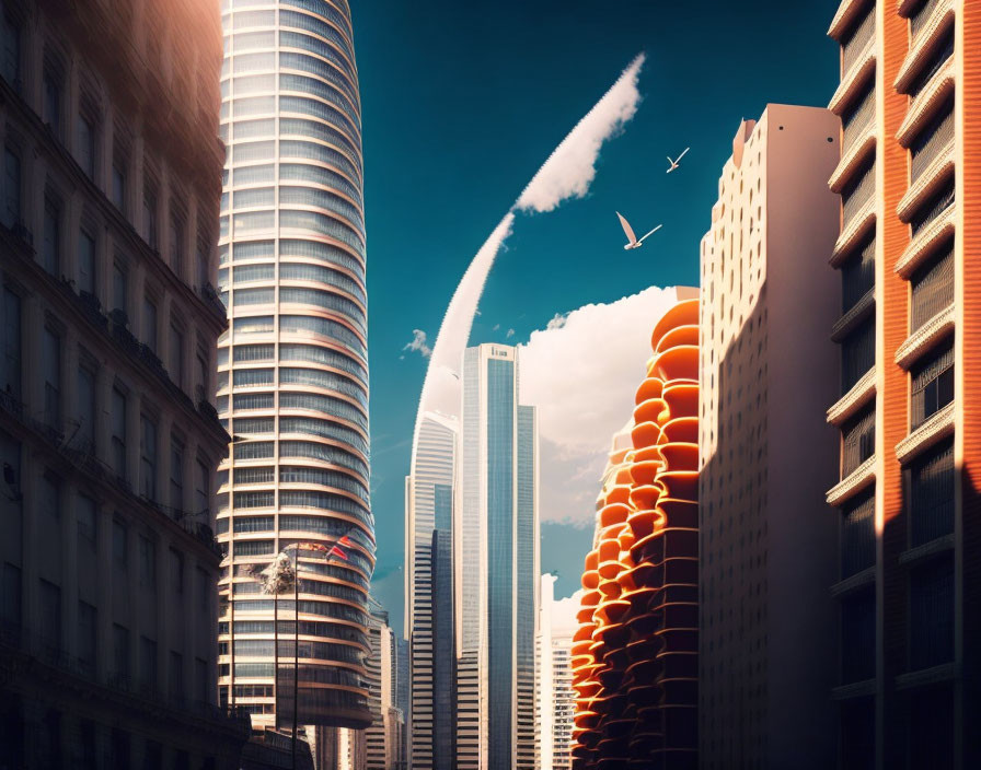 Modern cityscape with skyscrapers, orange honeycomb building, bird in clear sky