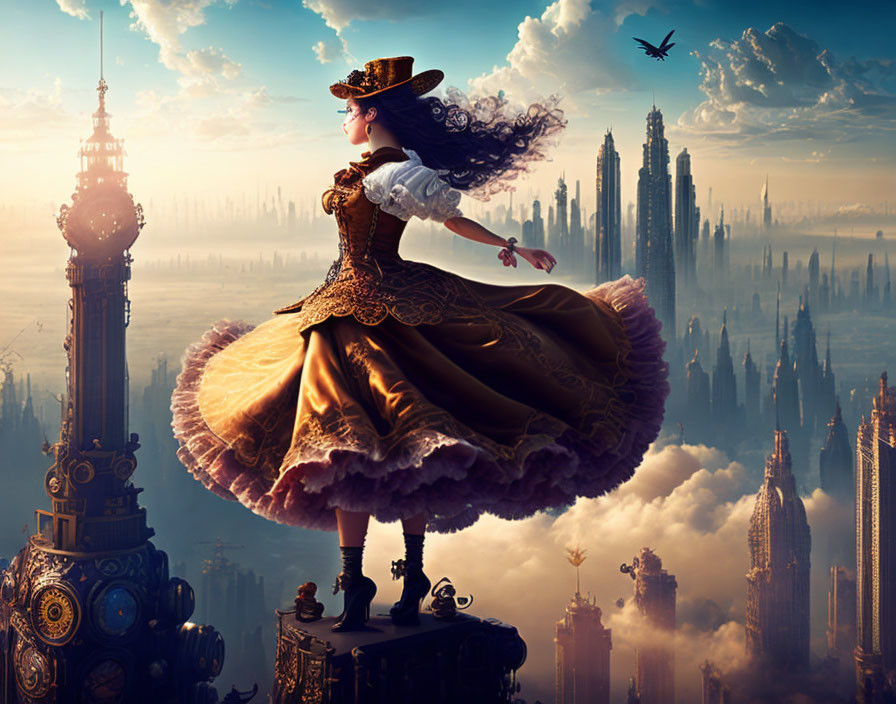 Victorian woman leaps across rooftops in fantasy cityscape