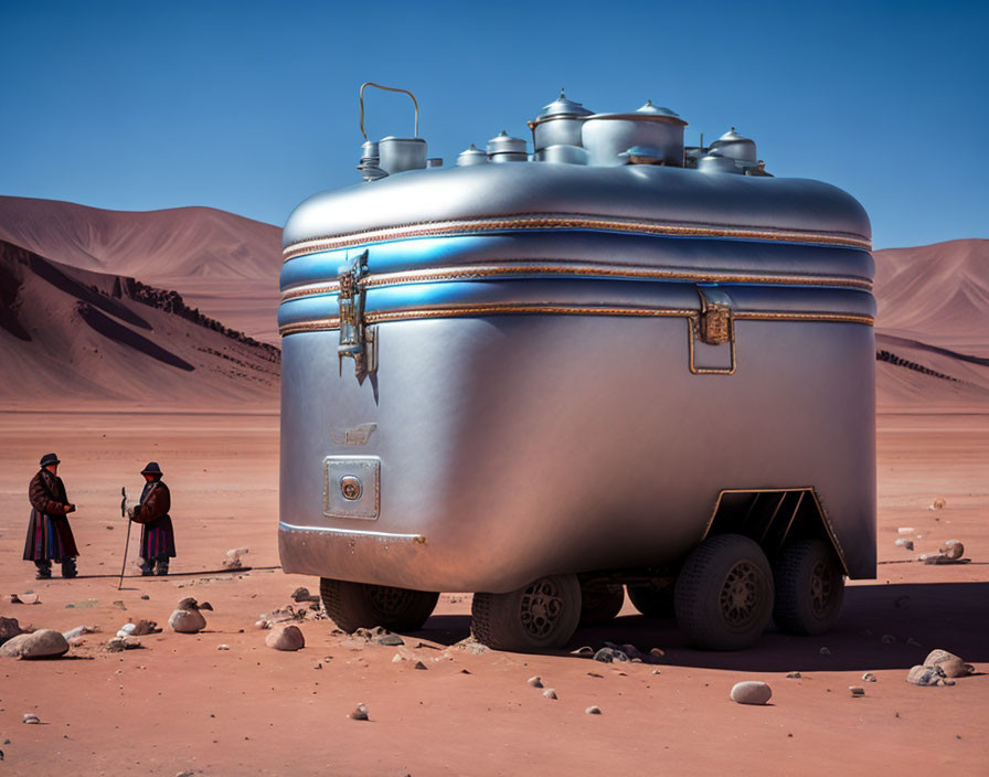 Giant metallic lunchbox on wheels in desert with two people in traditional attire