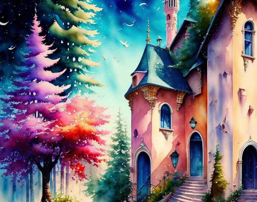 Whimsical castle surrounded by autumn trees in twilight sky