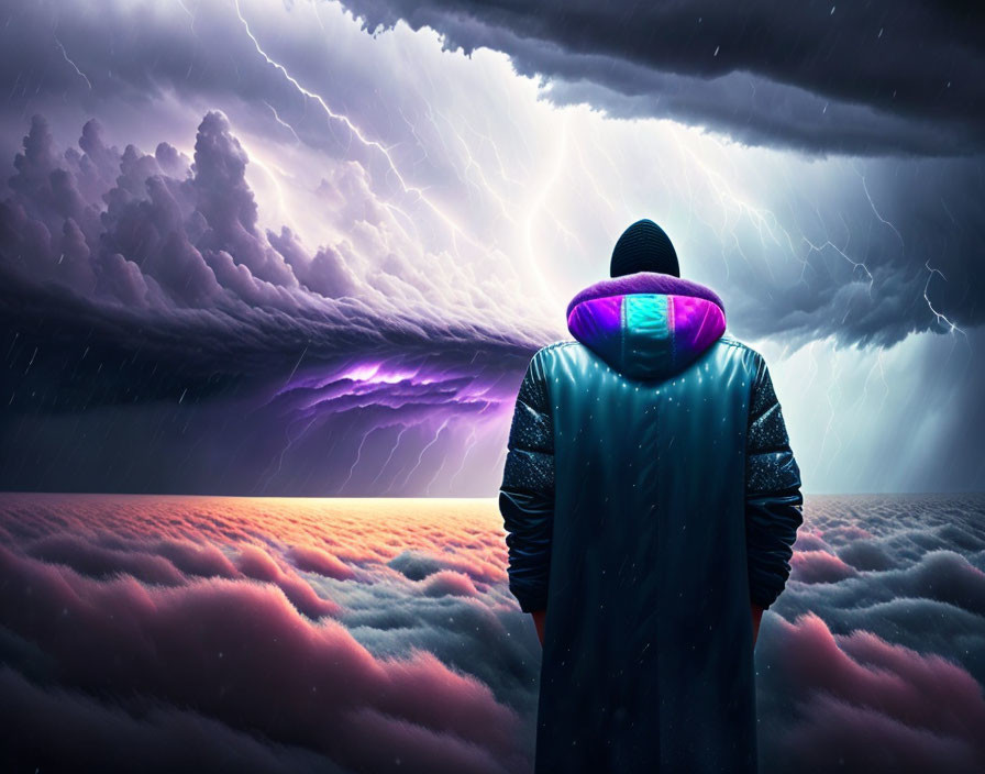 Hooded figure under purple sky with lightning and pink clouds