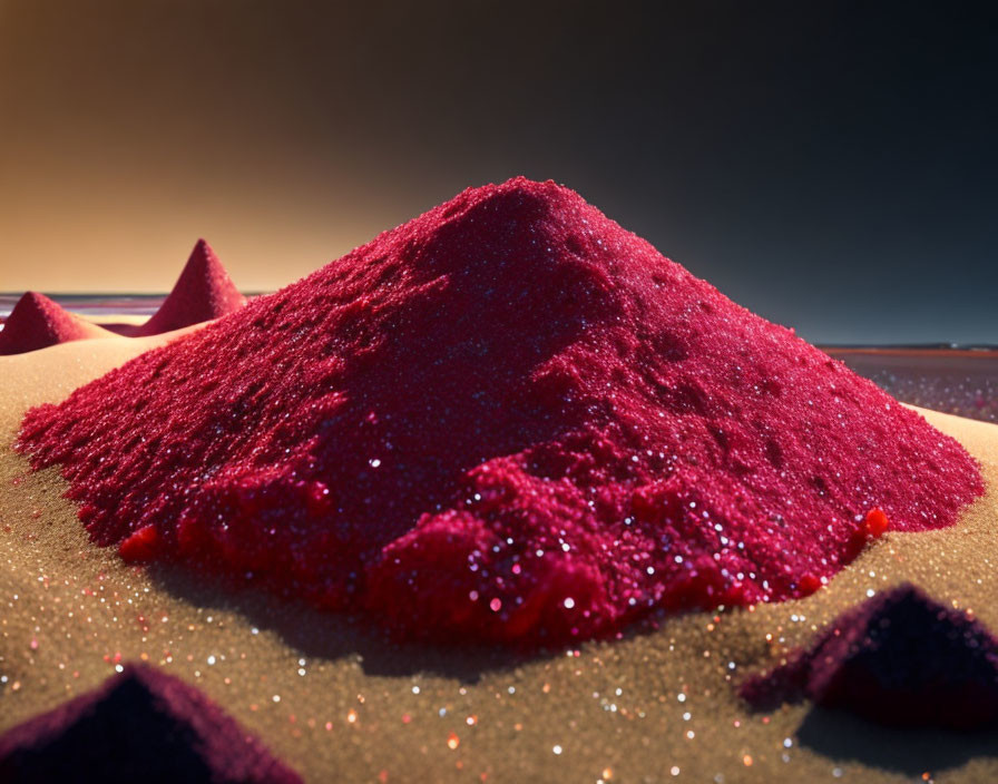 Vivid red sand dune against smaller dunes under dusky sky