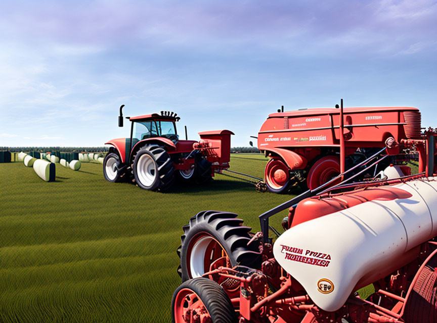 Red tractor pulling farming equipment in green field with hay bales