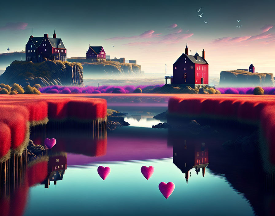 Colorful Foliage and Cliffside Houses in Surreal Twilight Scene