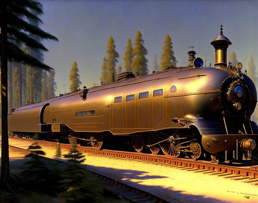 Vintage Streamlined Steam Locomotive in Pine Forest Setting